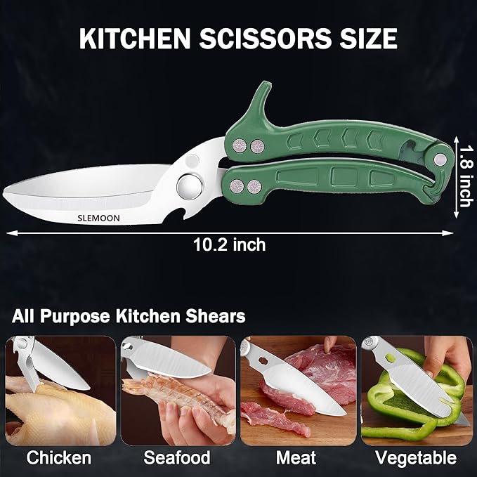 SLEMOON Heavy Duty Kitchen Shears,Poultry Shears with Safety Lock,Green