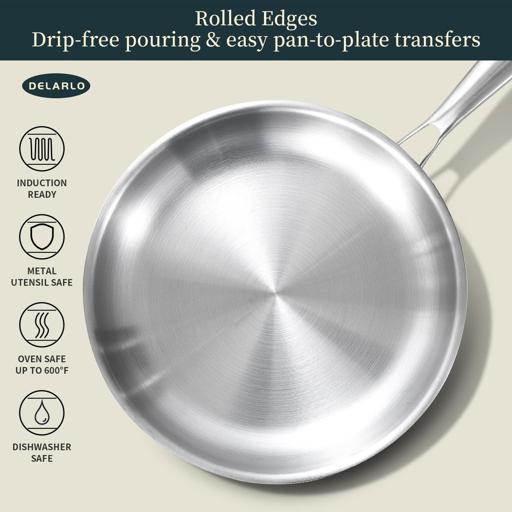 DELARLO Tri-Ply Stainless Steel Frying Pan Set 8”/10”/12”kitchen skillet