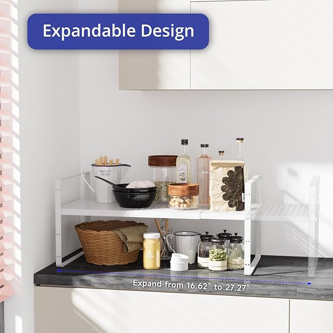 KIKIBRO Expandable Kitchen Shelf Organizers, Kitchen Cabinet Organizer Stand Rack Organization for Countertop Cupborad Pantry, White 3 Pack
