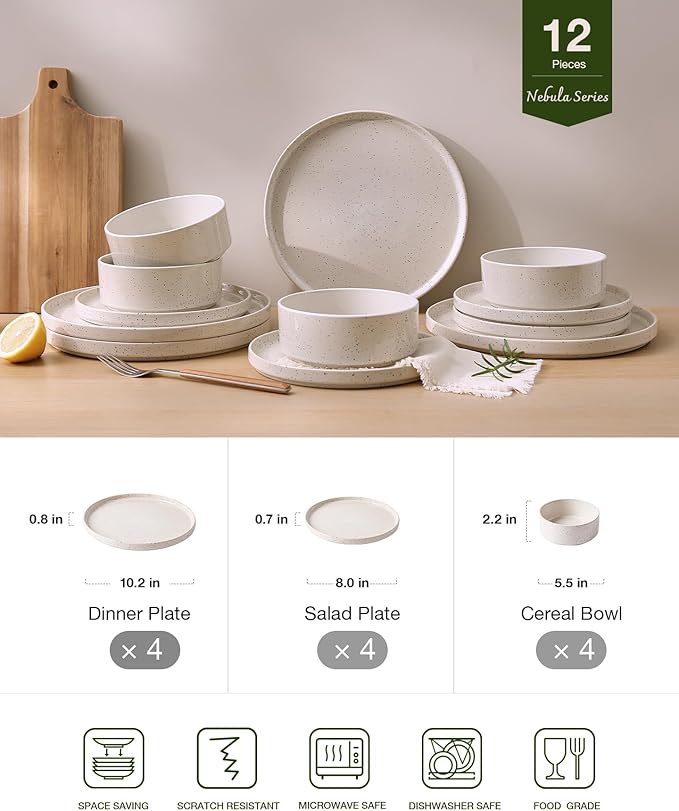 Famiware Nebula 12-Piece Stoneware Dinnerware Set, Creamy White