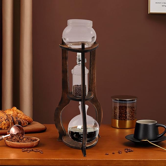 Netcoin Cold Brew Coffee Maker, 600 ml/20.29 oz Iced Coffee Tower Dripper Coffee Maker & Tea Maker 6-8 Cups, High Borosilicate Glass, Wood, 304 Stainless Steel, Copper - for Home Office (Brown)