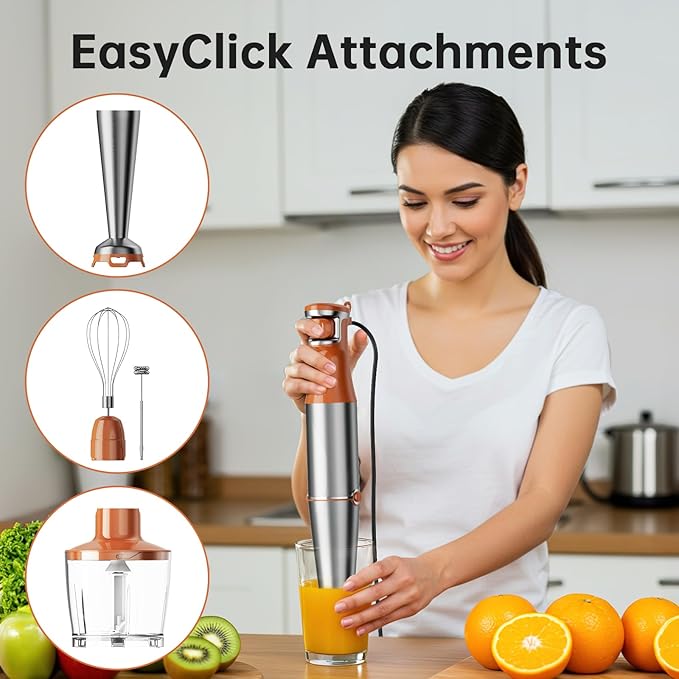 Turelar Immersion Blender Handheld Corded Hand Blenders Set 1100W, Trigger Variable Speed 5 in 1 Stick Emulsifier with Chopper, Whisk and Frother for Soup, Baby Food and Smoothies, Orange