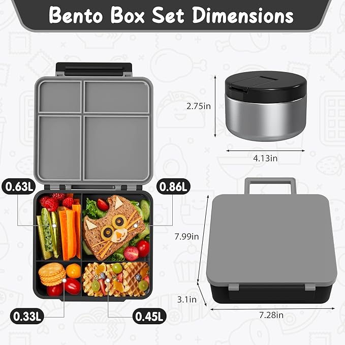LOHASOK Bento Lunch Box for Kids with 8oz Soup Thermo, Black