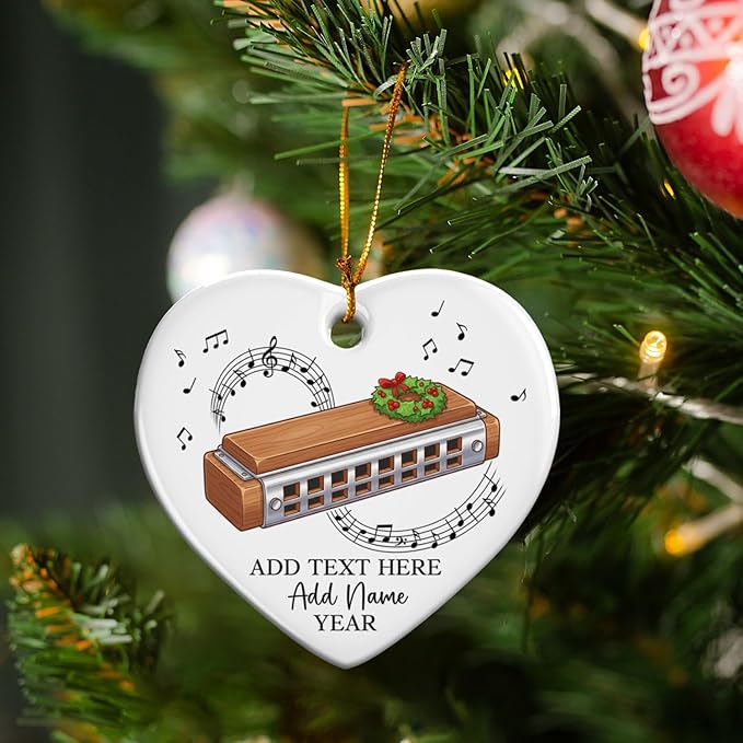 Personalized Harmonica Christmas Ceramic Ornaments, Harmonica Musical Instrument Xmas Tree Ornament 2026, Custom Music Lover Christmas Ornament with Text Name & Year, Gift for Music Teacher