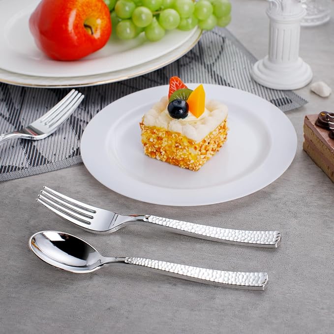 KIRE 400PCS Silver Plastic Forks and Spoons Disposable-Heavy Duty Plastic Silverware Set Silver Spoons and Forks-200 Forks and Spoon for Parties/Birthday/Wedding/Father's Day