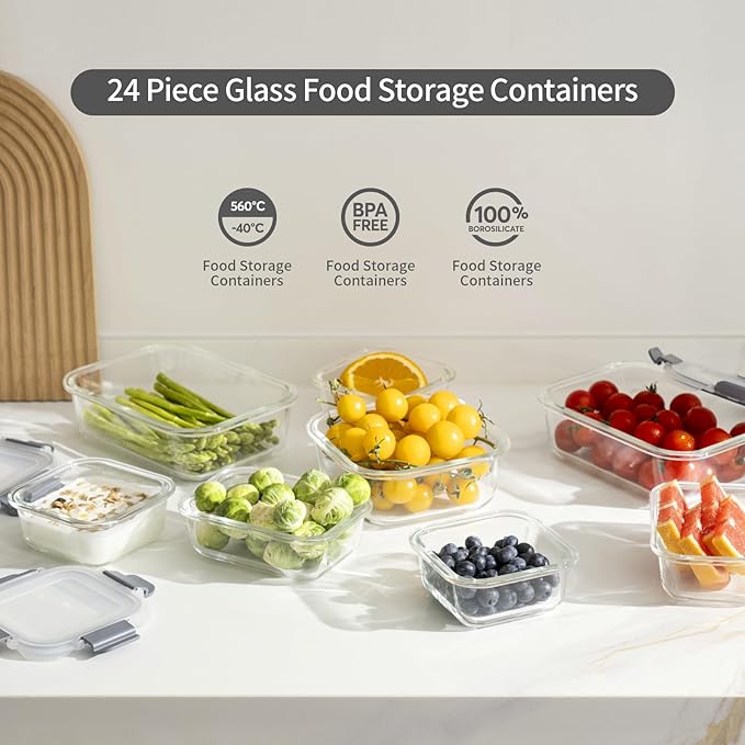 S SALIENT 24 Pieces Glass Food Storage Containers with Lids,Glass Meal Prep Containers Set with Locking Lid,Airtight Glass Lunch Container for Kitchen,BPA Free(12 Lids & 12 Containers)