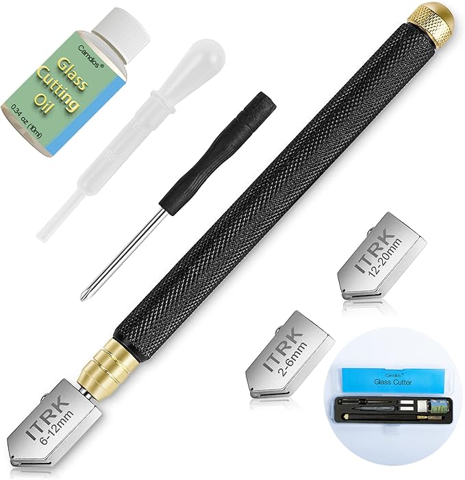 Glass Cutter 2mm-20mm, Glass Cutting Tool with Glass Oil & 3 Carbide Heads