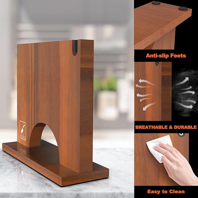 Imarku Magnetic Knife Block with Built-in Handle, Double Sided Acacia Wood Magnetic Knife Holder for Kitchen Counter, Magnetic Knife Storage Stand with Knife Sharpener, Easy to Clean & Move