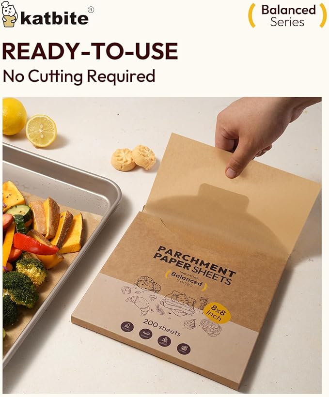 Katbite 8x8 Inch Parchment Paper Sheets 200 PCS, Unbleached and Nonstick
