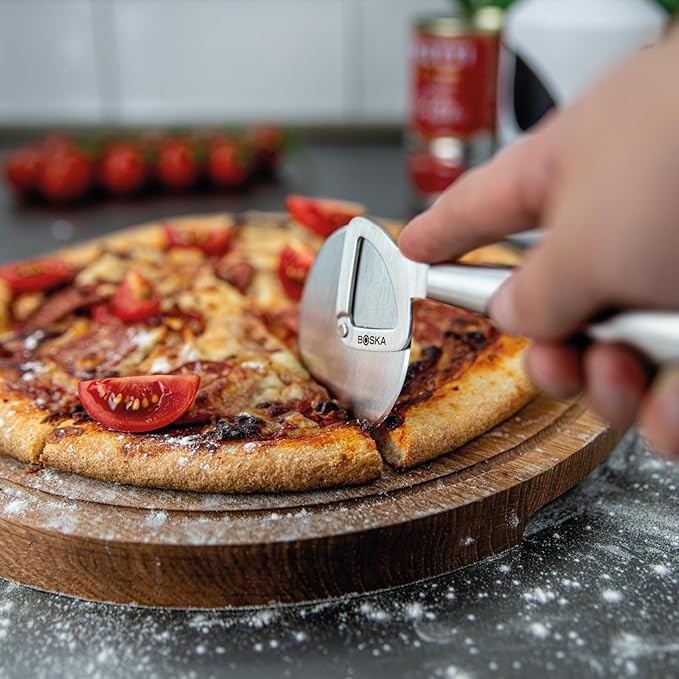 Boska Stainless Steel Pizza Cutter - Copenhagen Multifunctional Pizza Wheel Cutter - Handheld Food Slicer - Silver Non-Stick Adjustable Roller - Dishwasher Safe - for Kitchen Cooking