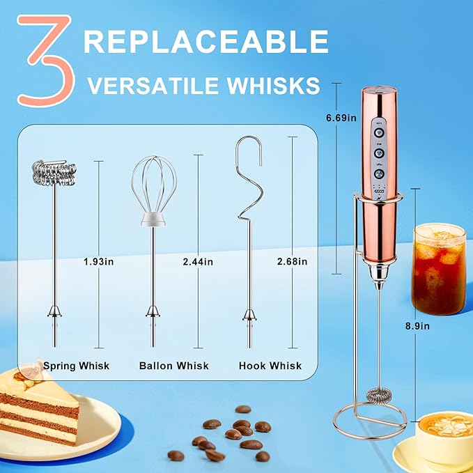 YUSWKO Handheld Milk Frother Wand for Coffee, Rechargeable Electric Whisk with 3 Heads 3 Speeds Drink Mixer Coffee Frother For Latte, Cappuccino, Hot Chocolate, Egg, Rose Gold with Holder