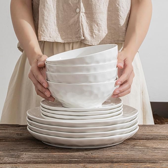HOMBENE Ceramic Serving Bowls, 6.3 Inch, Set of 4, White, Porcelain, Modern, Oven & Microwave Safe, 25.7 oz Capacity
