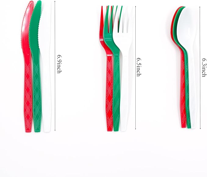 DX DENGXUAN 360-Piece Christmas Plastic Tableware Set, Disposable Heavy Tableware Set, Including 120 Red, Green and White Knives and Spoons, Christmas Party Supplies