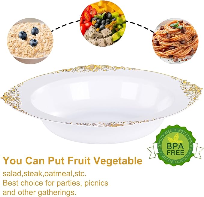 Nervure 50PCS White Plastic Bowls with Gold Rim - 12oz Disposable Soup Bowl