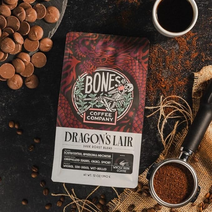 Bones Coffee Company Dragon's Lair - Dark Roast Coffee - Whole Bean - Low-Acid Arabica Coffee Beans - South/Central America and Indonesia Grown - Unflavored - 12 Oz