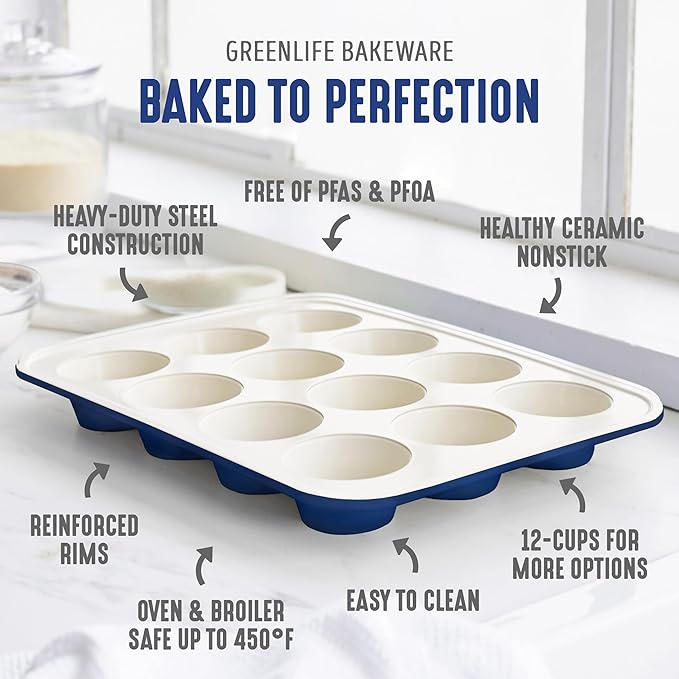 GreenLife 12 Cup Ceramic Nonstick Muffin Pan, Navy