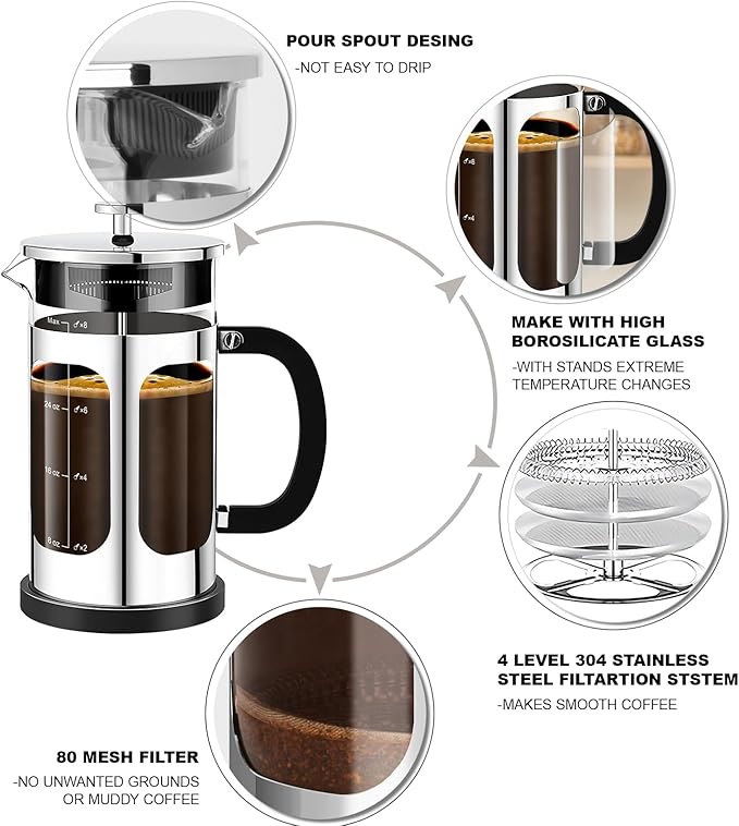 YMMIND French Press Coffee Maker (34oz 1Quart 5-6Cup) Coffee Press, with 4 Filters System, Heat Resistant Thickness Borosilicate Glass, Cold Brew Coffee Tea Pot Gifts (Silvery)
