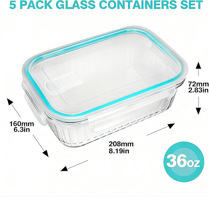 WOVOW 5-Packs, 36 Oz Glass Meal Prep Containers with Snap Locking Lids Glass Food Containers,Airtight Lunch Container,Microwave, Oven, Freezer and Dishwasher