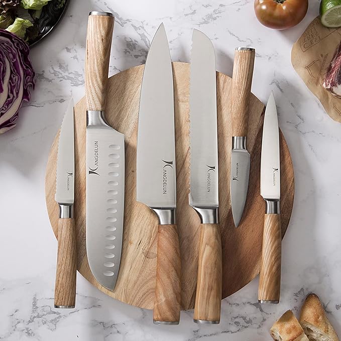 Kangdelun Ultra Sharp 15-Piece Kitchen Knife Set, High Carbon Stainless Steel Blades, Torrefied Natural Wood Handles, Ergonomic Design, Space-Saving Black-Finished Wood Block, Easy Hand Wash, Gift Box