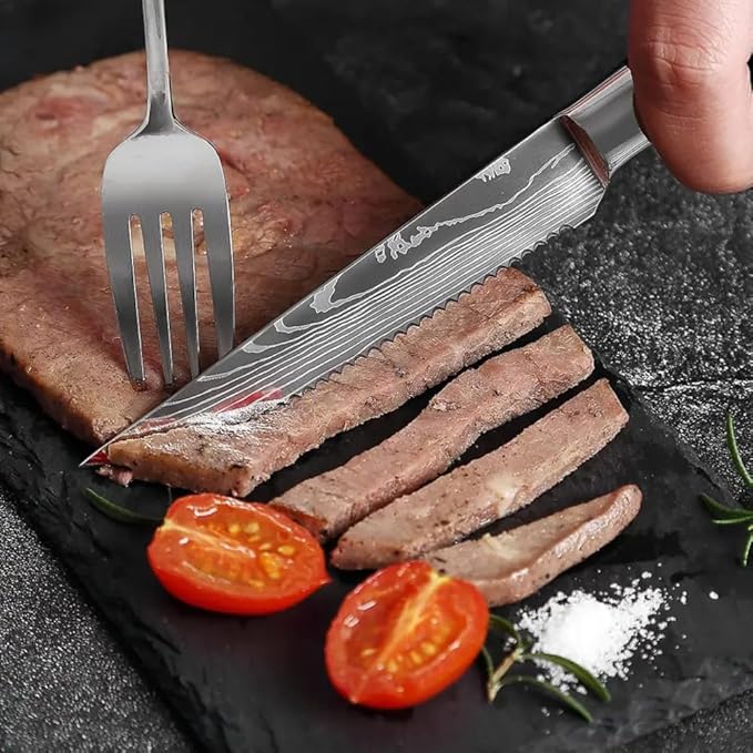 The Epicurean Cook Majesty Series Professional Steak Knife Set with Damascus Pattern - Razor Sharp Serrated Stainless Steel with Wooden Handle (Set of 6 Steak Knives)