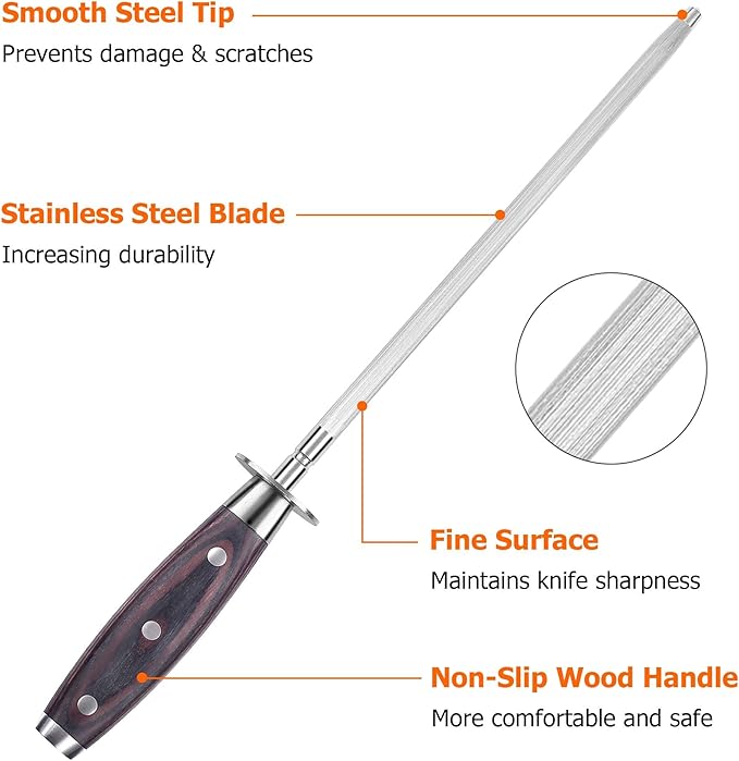 PAUDIN Honing Rod, Knife Sharpener Rod 10 inch, Professional Kitchen Knife Sharpener, High Carbon Knife Sharpening Steel with Ergonomic Pakkawood Handle, Honing Steel for All Chef Knives