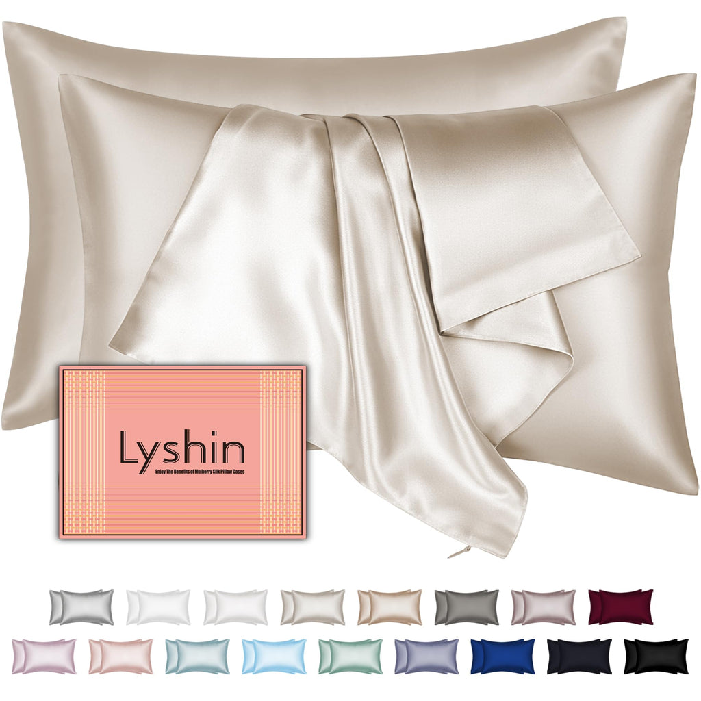 Silk Pillow Cases 2 Pack Standard Size with Hidden Zipper, Mulberry Silk Pillowcase for Hair and Skin, Smooth and Soft Breathable Cooling Silk Satin Pillowcase Set of 2, Gifts for Women，Beige