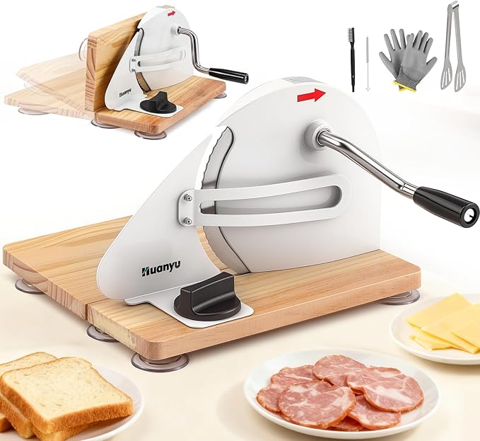 Huanyu Manual Bread Slicer Upgrade Foldable Sourdough Cutter Versatile Hand Crank Stainless Steel Blade Adjustable Thickness with Scale Line & Suction Cup for Homemade & Commercial Use White