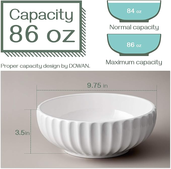 DOWAN 9.8'' Serving Bowls, 86 oz Large Salad Bowl, Ceramic Serving Dishes, Set of 2, Pumpkin Shape for Christmas, Entertaining, Party, Kitchen, Dinner, Banquet, Housewarming Gift, White
