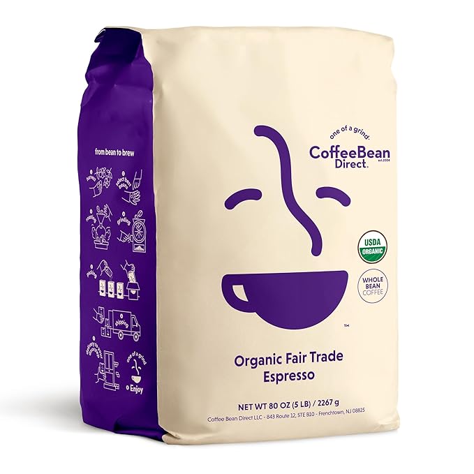 Coffee Bean Direct Organic Fair Trade Espresso, Whole Bean, 5lb Bag
