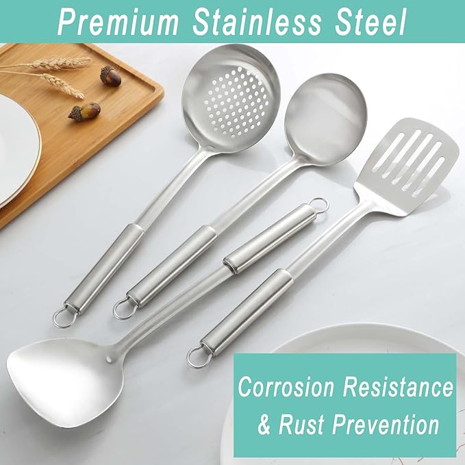 Pleafind Cooking Utensils Set - 4 Pcs Stainless Steel Kitchen Utensils Set with Solid Turner, Slotted Turner, Serving Ladle, Slotted Spoon, Wok Utensils Set with Heat Resistant Handle, Dishwasher Safe