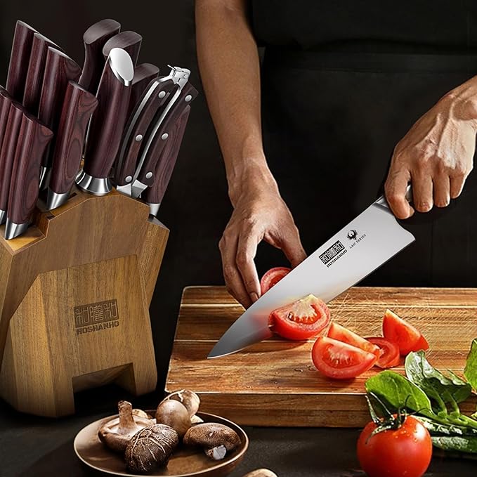 HOSHANHO 18PCS Kitchen Knife Block Set, Sharp Chef Knives with Sharpener