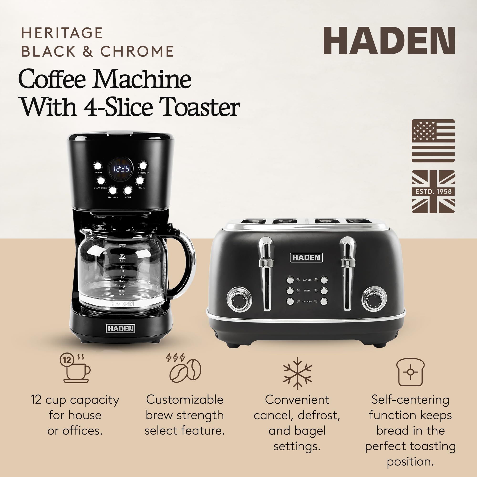 HADEN Heritage 4 Slice Wide Slot Stainless Steel Toaster Bundled with 12 Cup Programmable Drip Coffee Maker Coffee Machine, Black & Chrome