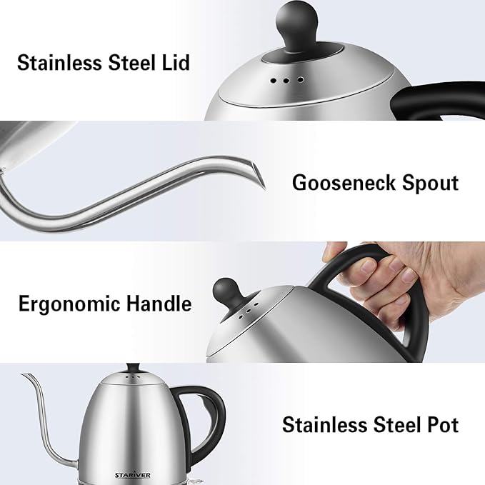 Stariver Gooseneck Electric Kettle, 1L Stainless Steel Pour Over Tea Pot
