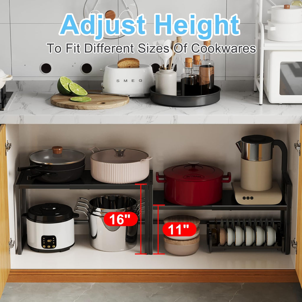 Expandable Metal Storage Shelves, 110LBS Heavy Duty Shelving Units and Storage for Pots Pans Small Appliances, Adjustable Metal Storage Shelf Organizer Rack for Kitchen Cabinets Closet Pantry Garage