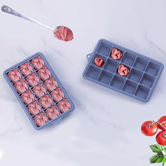 2 Tbsp Silicone Freezer Molds - Perfect for Storing Garlic, Herbs, Ginger, Pesto, Tomato Paste, Lemon Juice, Purees and More - Silicone Food Freezer Tray (Blue 2 Pack)