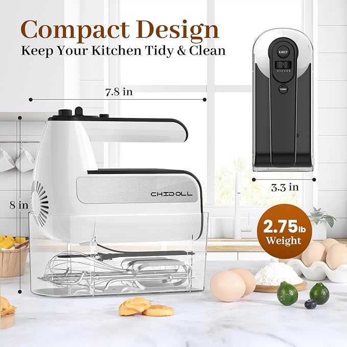 5-Speed Electric Hand Mixer, 800W Handheld Mixer with Turbo for Baking & Cooking, Kitchen Food Mixer with Storage Case & 6 Stainless Steel Attachments (2 Beaters, 2 Dough Hooks, 2 Whisks)-White