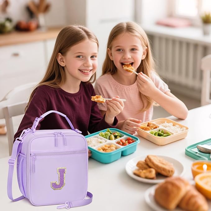 CLOUDWINGS Initial Insulated Lunch Bag for Girls Kids, Back to School Gift, Reusable Leak-proof Lunch Box with Adjustable Strap for School Daycare Travel Picnic (Purple,J)