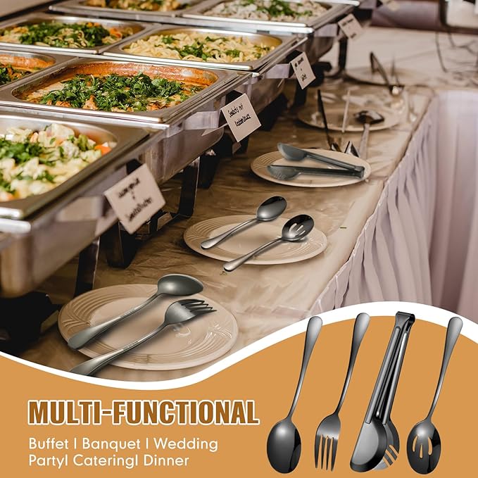 Patelai 15 Pcs Black Stainless Steel Serving Utensil Set 8.7" Large Spoons and Slotted Spoon 9.45" Tong 9" Forks Flatware Wedding Party Restaurant Cooking Kitchen Holiday Buffet Banquet Catering Hotel