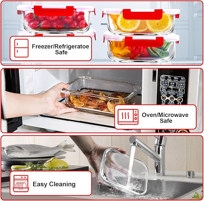 VERONES 5 PACK 36 OZ Glass Meal Prep Containers Set with Lids, Red