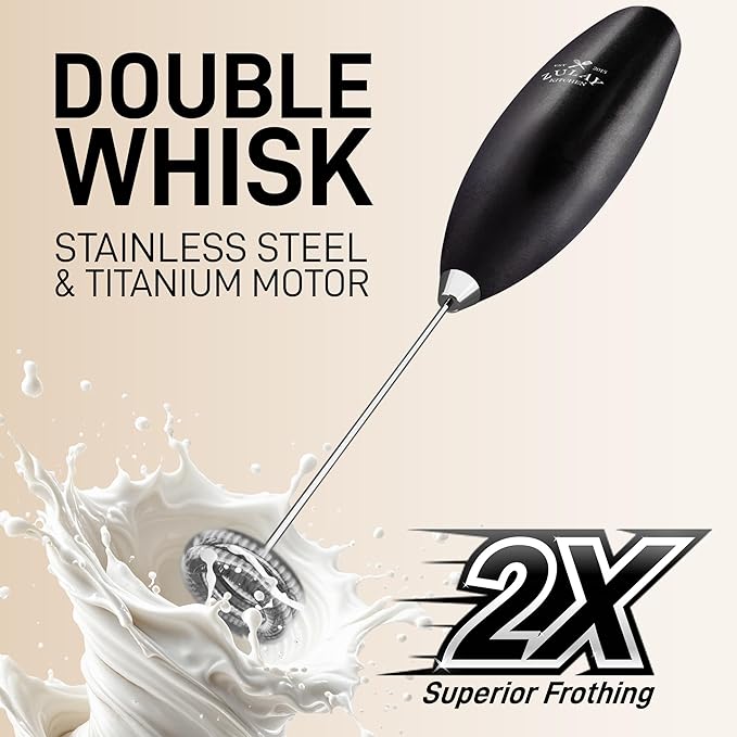 Zulay Kitchen Powerful Milk Frother Wand With Duracell Batteries - Ultra Fast Handheld Drink Mixer - Electric Whisk Foam Maker for Coffee, Lattes, Cappuccino & Matcha - Double Whisk - Metallic Black