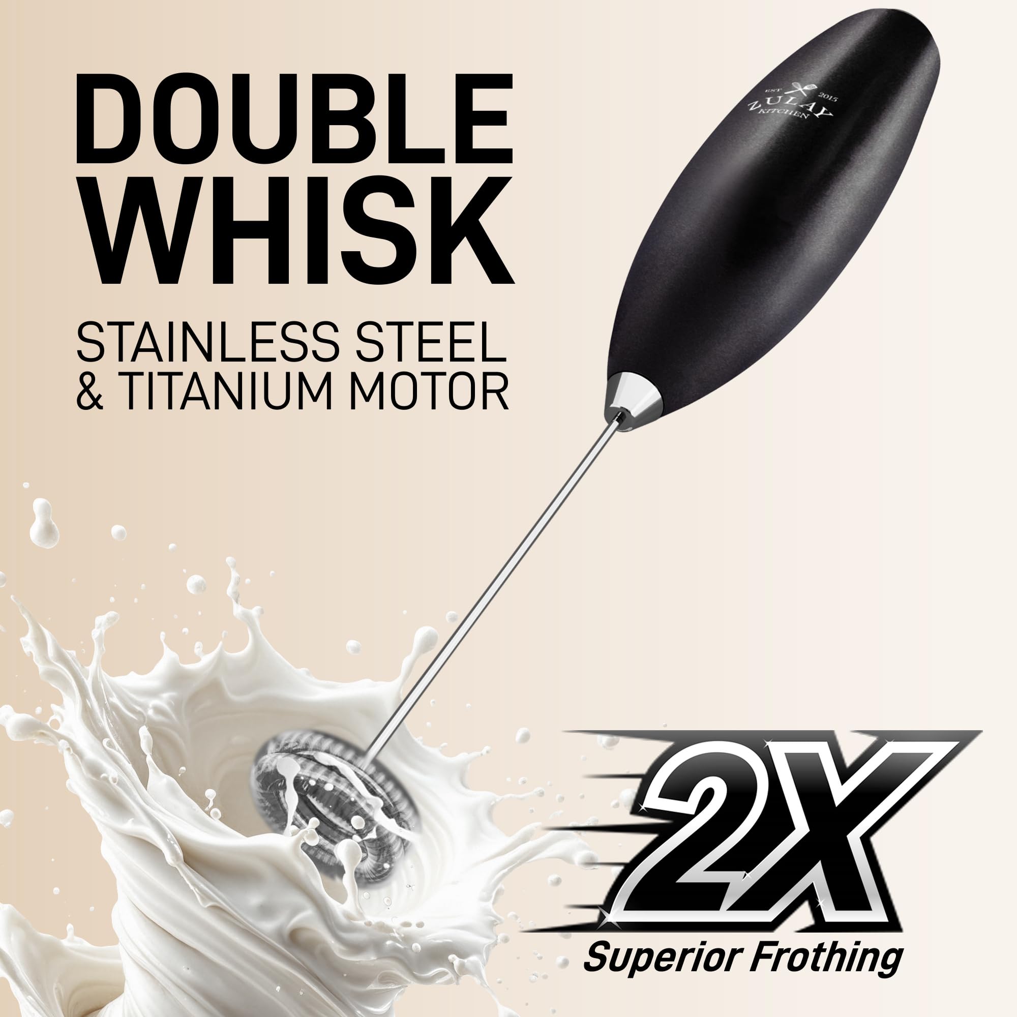 Zulay Kitchen Powerful Milk Frother Wand With Duracell Batteries - Ultra Fast Handheld Drink Mixer - Electric Whisk Foam Maker for Coffee, Lattes, Cappuccino & Matcha - Double Whisk - Metallic Black