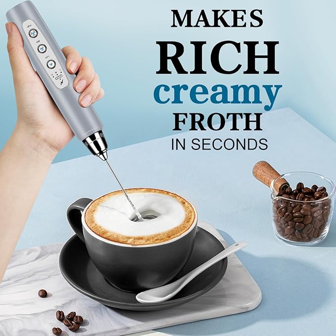 Milk Frother Wand Rechargeable Handheld Whisk Coffee 3 Speed Adjustable
