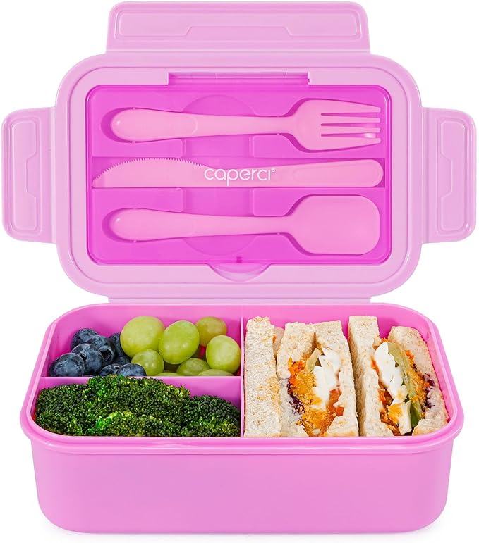 Caperci Classic Bento Lunch Box for Kids & Adults - Leakpoof 47oz Food Lunch Containers for Girls Women, 3-Compartment, Built-in Utensil Set, BPA-Free, Dishwasher/Microwave Safe (Vivid Orchid)