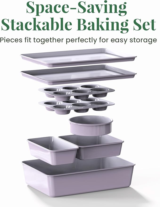 Larder & Vine 8-Piece Stackable Bakeware Set, Ceramic-Coated Nonstick Baking Pan Set, Non-Toxic, with Baking Sheets, Muffin Pan, Loaf Pan & Cake Pans, Lavender