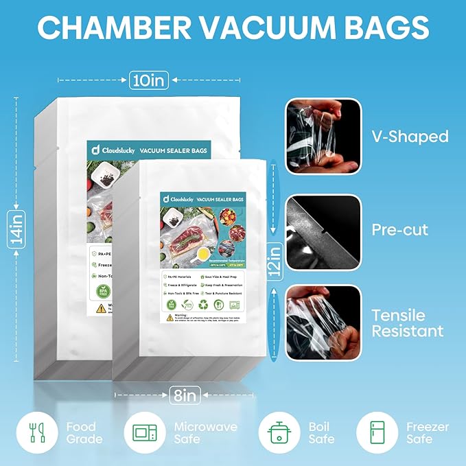Cloudslucky Chamber Vacuum Sealer Bags,8"x12" 200 Pcs Pre-cut Chamber Machine Pouches,Heavy Duty Chamber Vacuum Bags for Commercial Sealer,Food Storage,Meal Prep,Sous Vide,Meat Cheese Goods, BPA Free