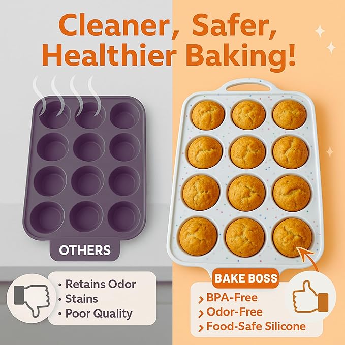 BAKE BOSS Silicone Muffin Pan for Baking, 1-Pack Regular 12 Cup, BPA-Free