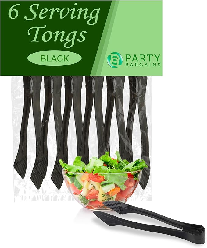 PARTY BARGAINS 8.5″ Black Plastic Serving Tongs 6-Pack – Heavy-Duty Disposable & Reusable Kitchen Tongs for Parties BBQ Buffet Salad Appetizers Catering