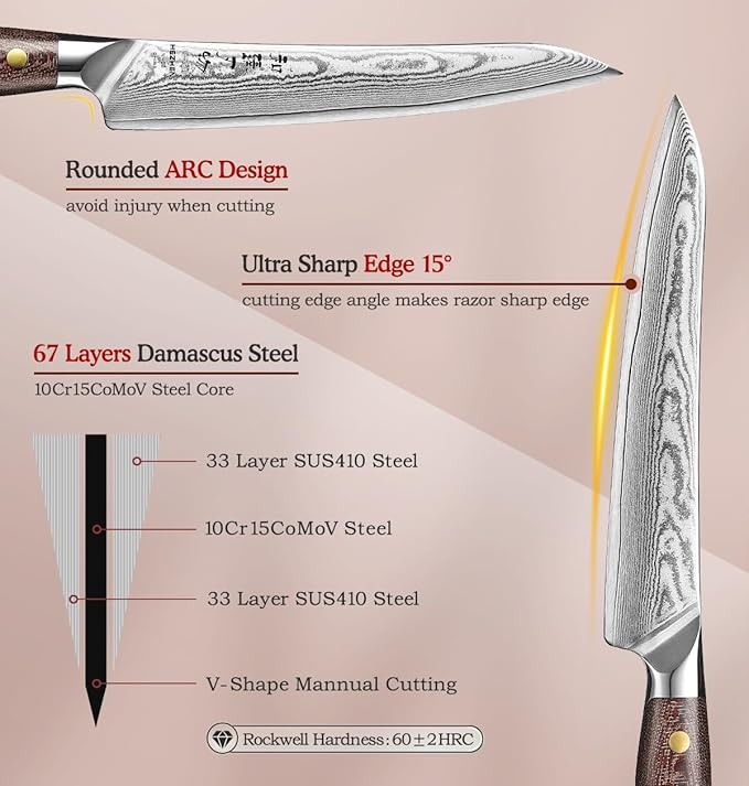 HEZHEN 8.3'' Damascus Carving Knife – 67 Layers Damascus Steel, Professional Brisket Slicing for BBQ, Smoked Meat & Roast, Full Tang Micarta Handle, Gift Packing