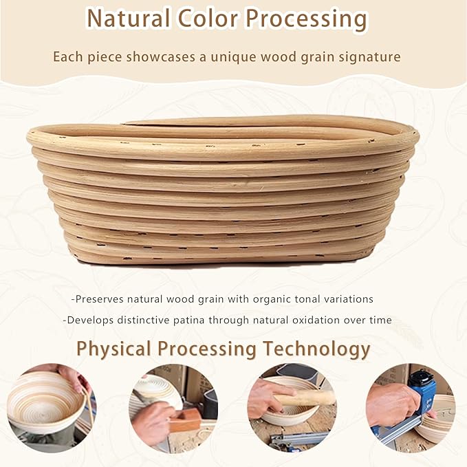 Fubiu Natural Unbleached Banneton, Sourdough Bread Proofing Basket Kit, 2x 10 Inch Oval Basket with BreadMaking Baking Supplies Tools, Banneton Basket Gift Set - Primary Color