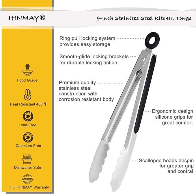 HINMAY Stainless Steel Kitchen Tongs 9-Inch Cooking Tongs, Set of 3